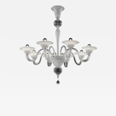 Venetian Murano Glass Chandelier in Transparent and White Tones With Silver Leaf
