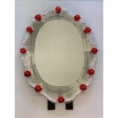 Venetian Murano Glass Oval Floral Wall Mirror Hand Carved Italian Art