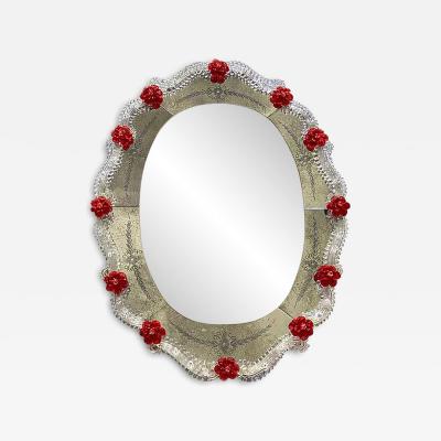 Venetian Murano Glass Oval Floral Wall Mirror Hand Carved Italian Art