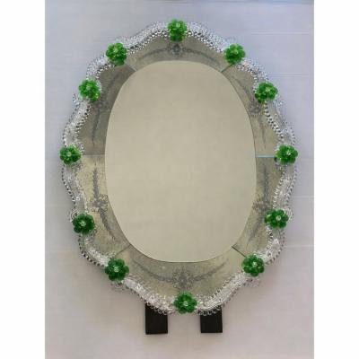 Venetian Murano Glass Oval Floral Wall Mirror Hand Carved Italian Art