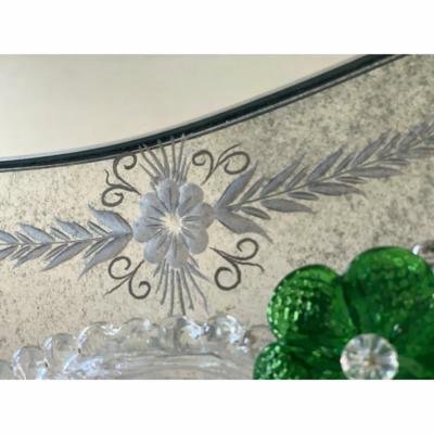 Venetian Murano Glass Oval Floral Wall Mirror Hand Carved Italian Art