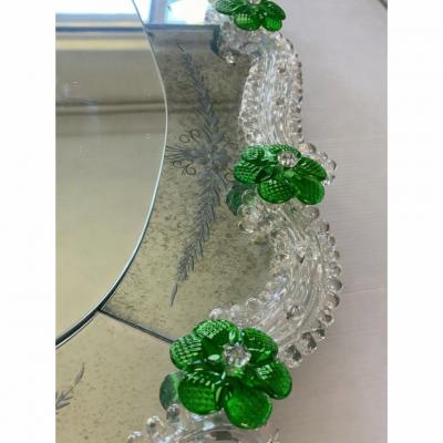 Venetian Murano Glass Oval Floral Wall Mirror Hand Carved Italian Art