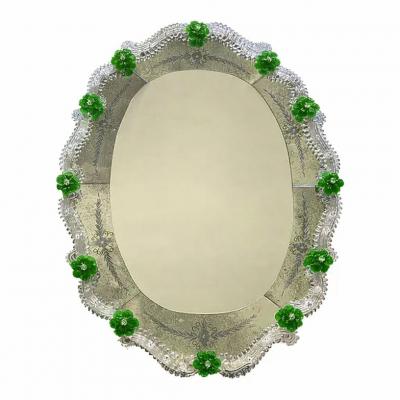 Venetian Murano Glass Oval Floral Wall Mirror Hand Carved Italian Art