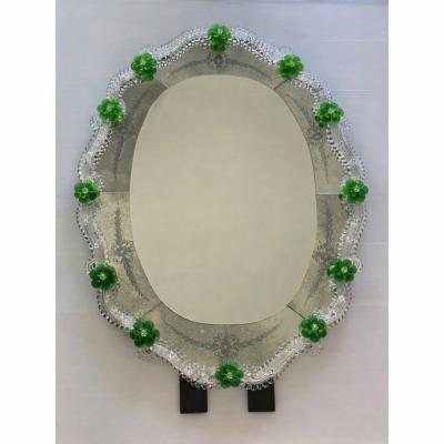 Venetian Murano Glass Oval Floral Wall Mirror Hand Carved Italian Art