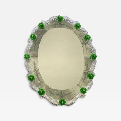 Venetian Murano Glass Oval Floral Wall Mirror Hand Carved Italian Art