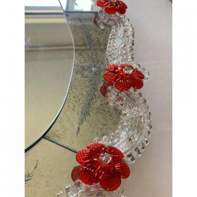 Venetian Murano Glass Oval Red Floral Wall Mirror Hand Carved Italian Art