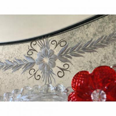Venetian Murano Glass Oval Red Floral Wall Mirror Hand Carved Italian Art