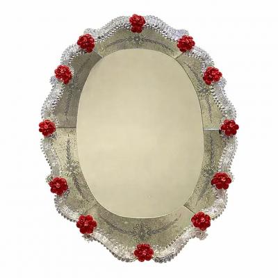 Venetian Murano Glass Oval Red Floral Wall Mirror Hand Carved Italian Art