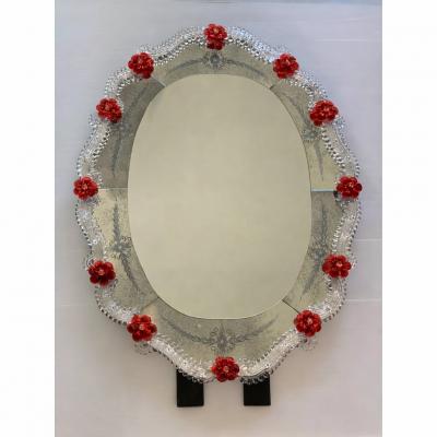 Venetian Murano Glass Oval Red Floral Wall Mirror Hand Carved Italian Art