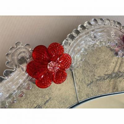 Venetian Murano Glass Oval Red Floral Wall Mirror Hand Carved Italian Art
