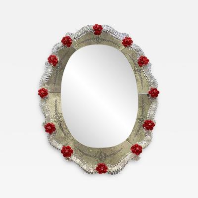 Venetian Murano Glass Oval Red Floral Wall Mirror Hand Carved Italian Art