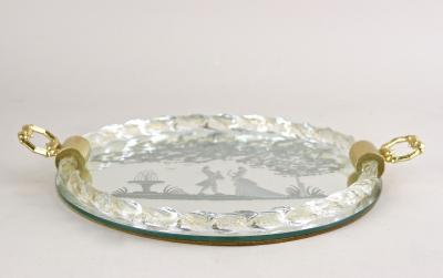 Venetian Murano Glass Tray Plate With Engravings 24K Gold Flakes IT ca 1960