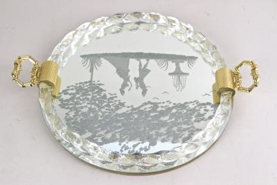 Venetian Murano Glass Tray Plate With Engravings 24K Gold Flakes IT ca 1960