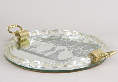 Venetian Murano Glass Tray Plate With Engravings 24K Gold Flakes IT ca 1960