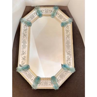 Venetian Octagonal Wall Mirror Hand Carved in Murano Glass W Ligh Blue Flowers