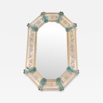 Venetian Octagonal Wall Mirror Hand Carved in Murano Glass W Ligh Blue Flowers