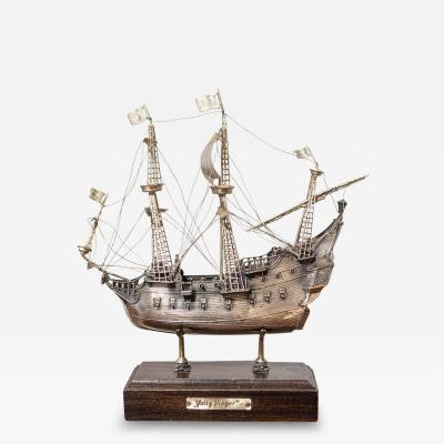 Venetian Pewter Jolly Roger Pirate Model Ship Mounted on Wooden Base