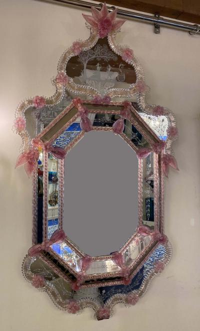 Venetian Pink Flower Murano Glass Mirror