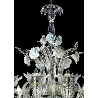Venetian Romantic Floral Transparent and White Murano Glass Chandelier