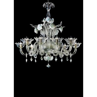 Venetian Romantic Floral Transparent and White Murano Glass Chandelier
