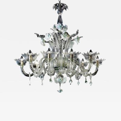 Venetian Romantic Floral Transparent and White Murano Glass Chandelier