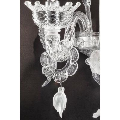 Venetian Romantic Floral Transparent and White Murano Glass Wall Sconce