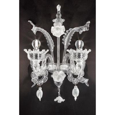 Venetian Romantic Floral Transparent and White Murano Glass Wall Sconce