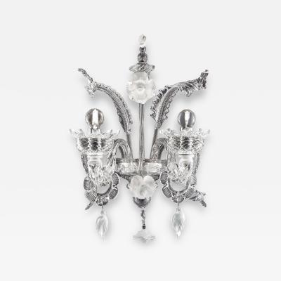 Venetian Romantic Floral Transparent and White Murano Glass Wall Sconce