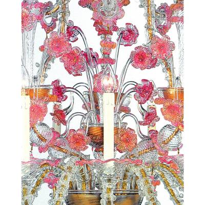 Venetian Romantic Transparent and Pink Floreal C Rezzonico Chandelier
