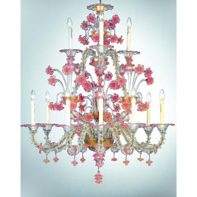 Venetian Romantic Transparent and Pink Floreal C Rezzonico Chandelier