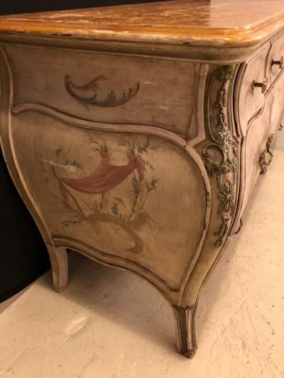 Venetian Scenic Bombe Chinoiserie Painted Commode with a Faux Marble Top