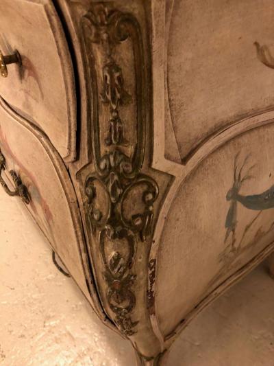 Venetian Scenic Bombe Chinoiserie Painted Commode with a Faux Marble Top