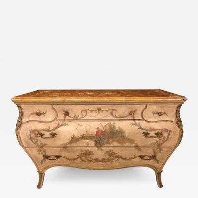 Venetian Scenic Bombe Chinoiserie Painted Commode with a Faux Marble Top