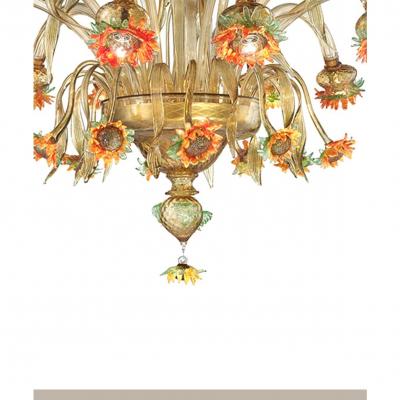 Venetian Scenographic Sunflowers Amber and Green Murano Glass Chandelier