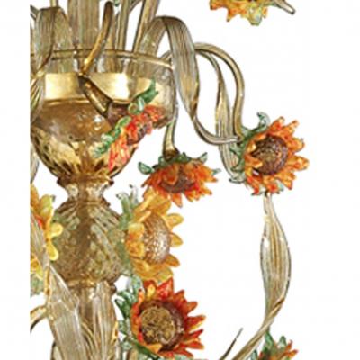 Venetian Scenographic Sunflowers Amber and Green Murano Glass Chandelier