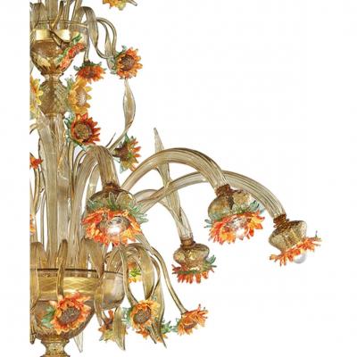 Venetian Scenographic Sunflowers Amber and Green Murano Glass Chandelier