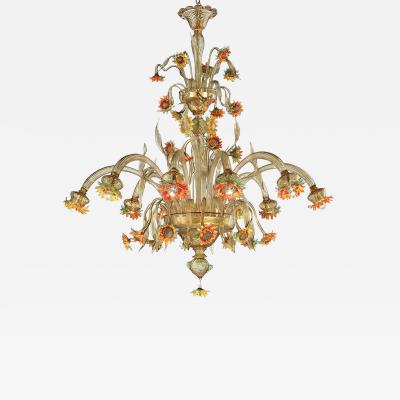 Venetian Scenographic Sunflowers Amber and Green Murano Glass Chandelier