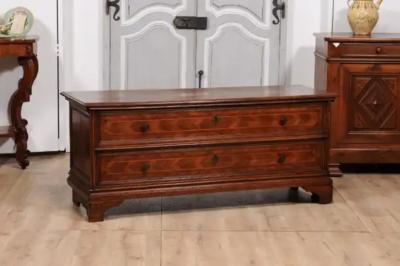 Venetian Walnut and Mahogany Blanket with with Marquetry D cor and Faux Drawers