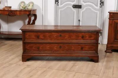 Venetian Walnut and Mahogany Blanket with with Marquetry D cor and Faux Drawers