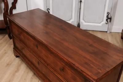 Venetian Walnut and Mahogany Blanket with with Marquetry D cor and Faux Drawers