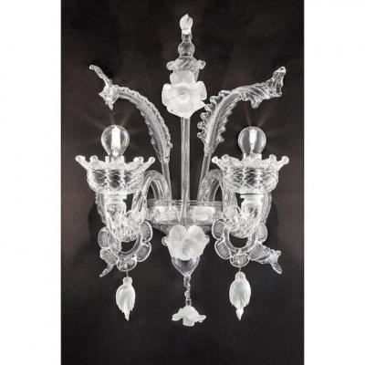 Venetian White and Transparent Floral Murano Glass Wall Sconce