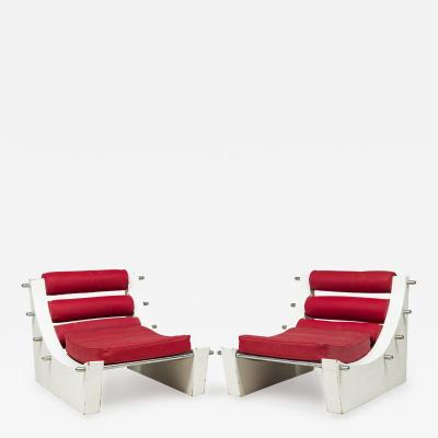 Verner Panton Pair of Verner Panton White Lacquer Chrome and Red Upholstered Slipper Chairs