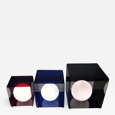 Verner Panton TRIO OF POP ART MODERN RED BLUE AND GREY LUCITE CUBE LAMPS