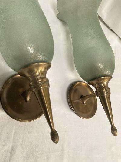 Veronese 1940s Pair of bronze and Murano glass sconces by Veron se