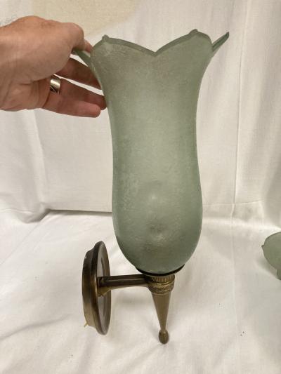 Veronese 1940s Pair of bronze and Murano glass sconces by Veron se