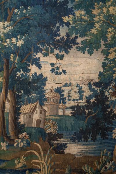 Vertical 18th Century Flemish Verdure Tapestry