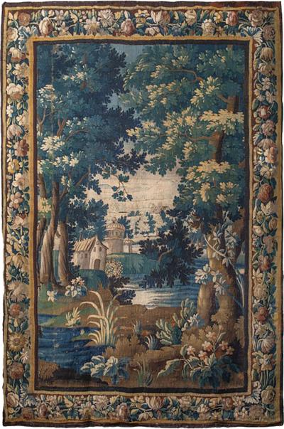 Vertical 18th Century Flemish Verdure Tapestry