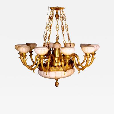 Very Impressive Gilt Bronze Mounted Glass Alabaster Shades Ten Light Chandelier