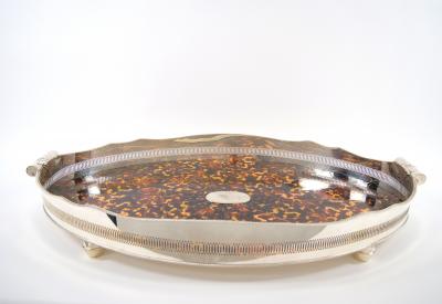 Very Large English Sheffield Footed Silver Plate High border Serving Tray