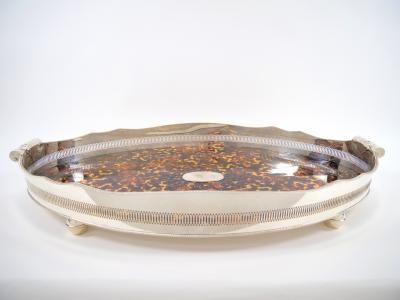 Very Large English Sheffield Footed Silver Plate High border Serving Tray